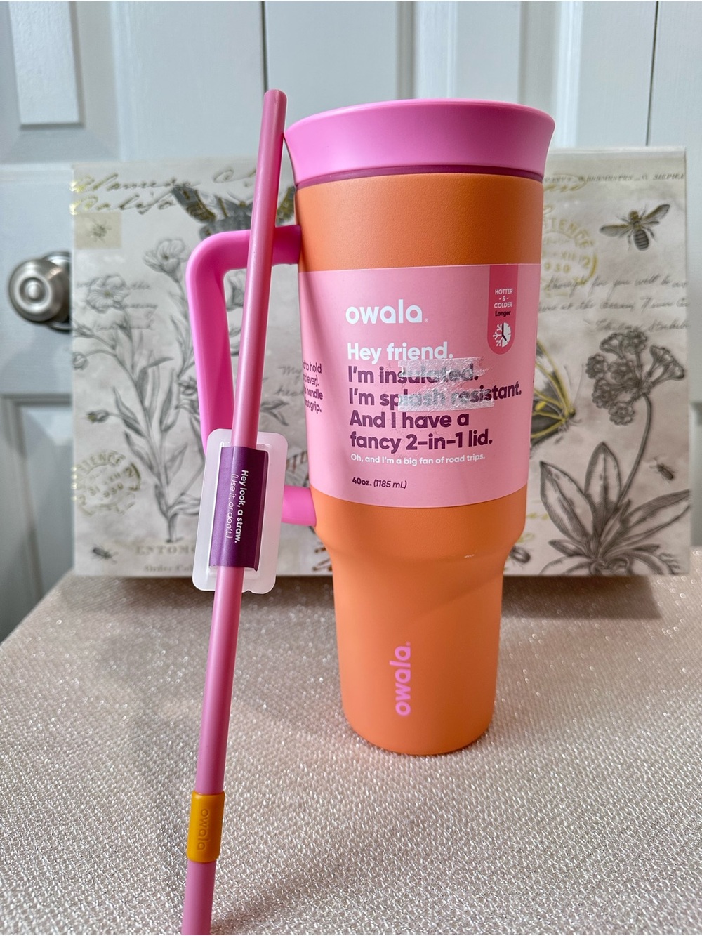owala 40 oz Insulated Travel Tumbler in Tangy Tango with 2-in-1 Lid and Handle